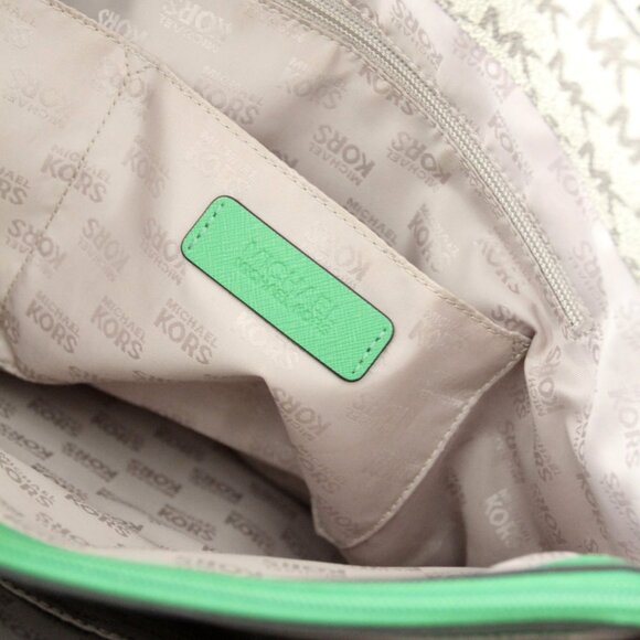 Michael Kors Monogram Canvas Tote Bag with Green Leather Handles - Picture 14 of 16